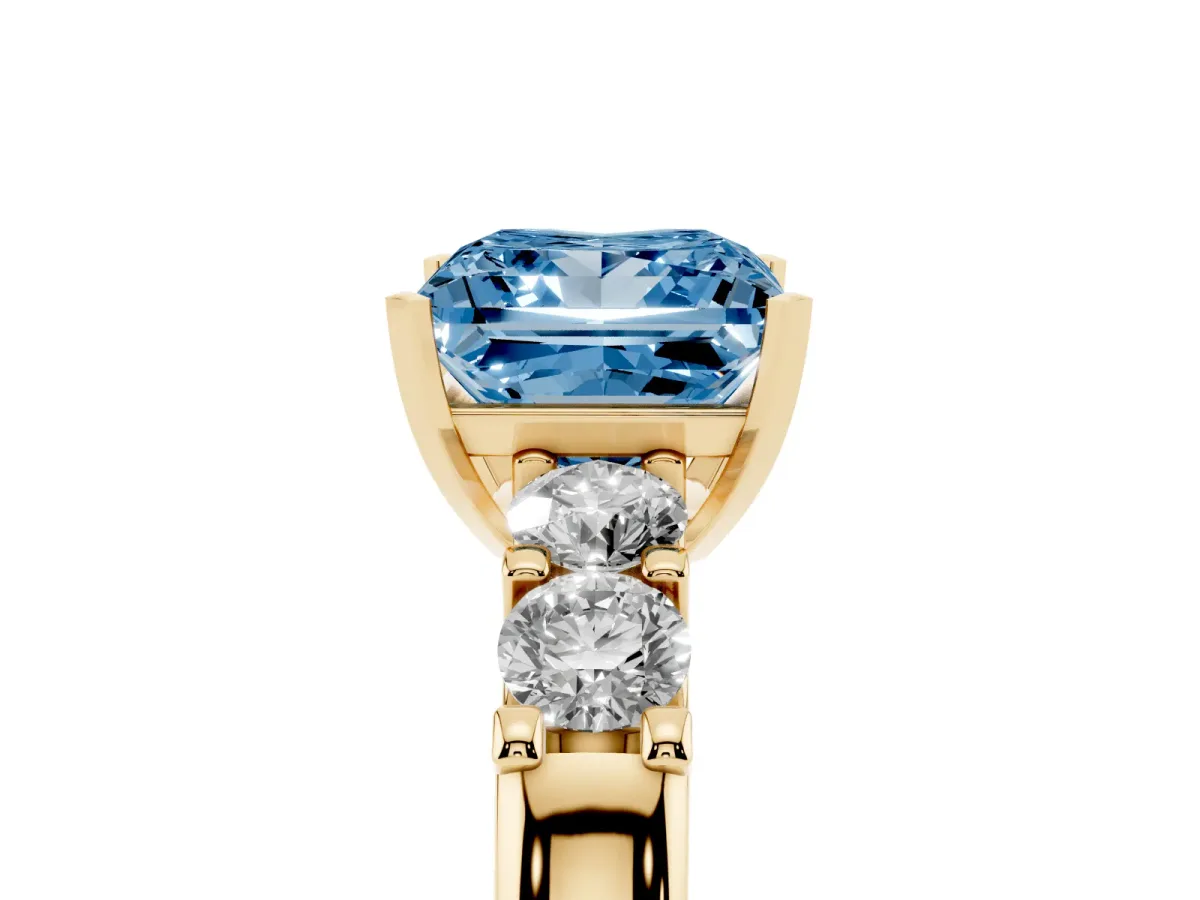 Fancy Blue Princess Cut Brilliant Cut Diamond Five-Stone Prong Set Engagement Ring with Channel Band Yellow gold