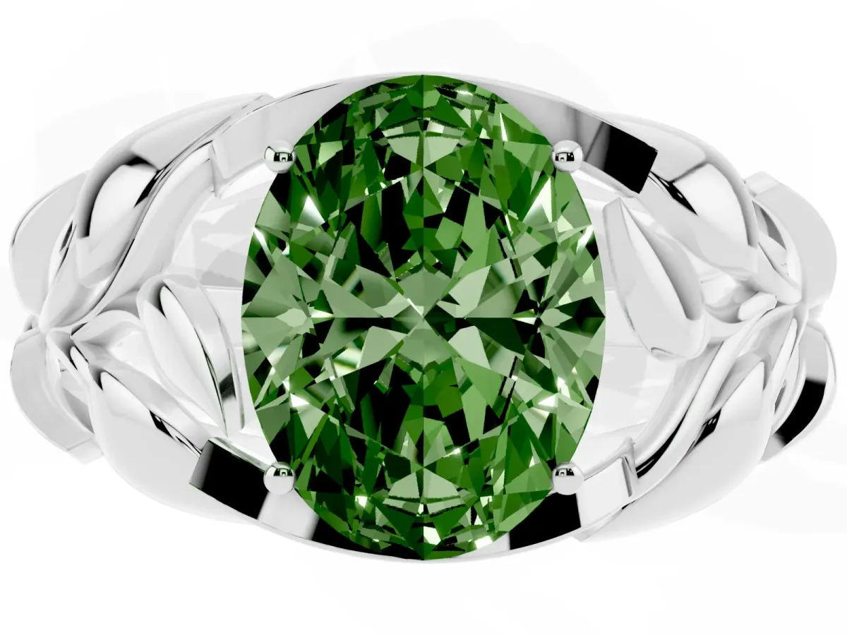 Fancy Green Oval Cut Diamond Leaf-Inspired Engagement Ring with Round Accents and Prong Setting Silver
