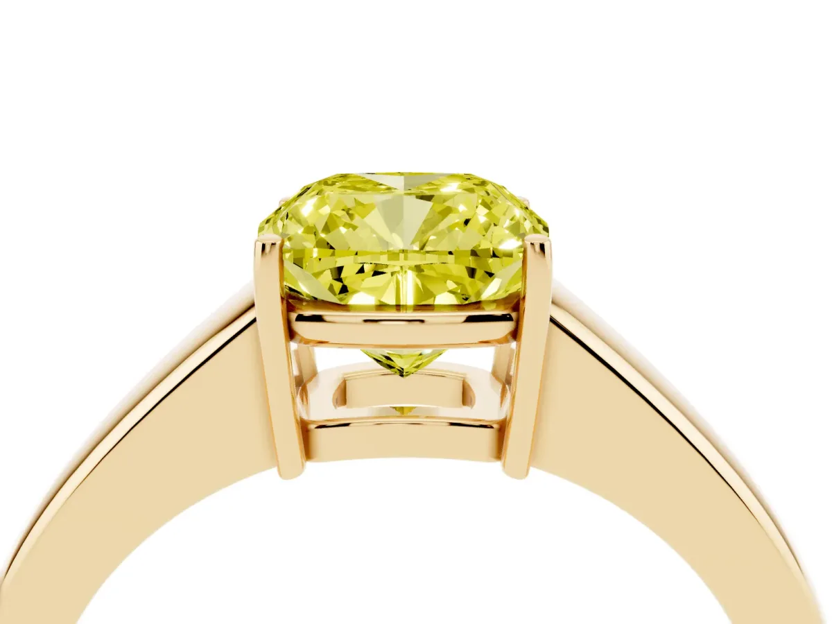 Fancy Yellow Cushion Cut Solitaire Diamond Ring with Tapered Band and Four-Prong Setting Yellow gold