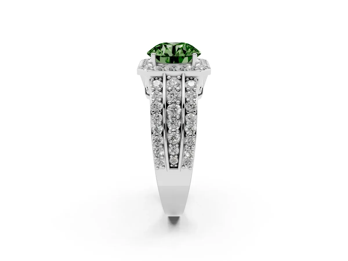 Fancy Green Round Cut Halo Diamond Ring with Round Split Shank and Prong Setting Silver