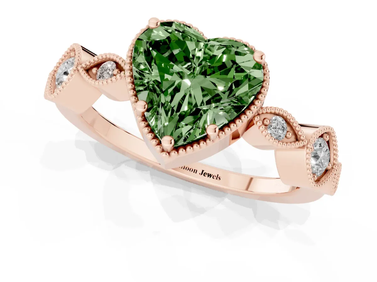 Fancy Green Heart Cut Diamond Vintage Milgrain Ring with Round Stations Rose gold