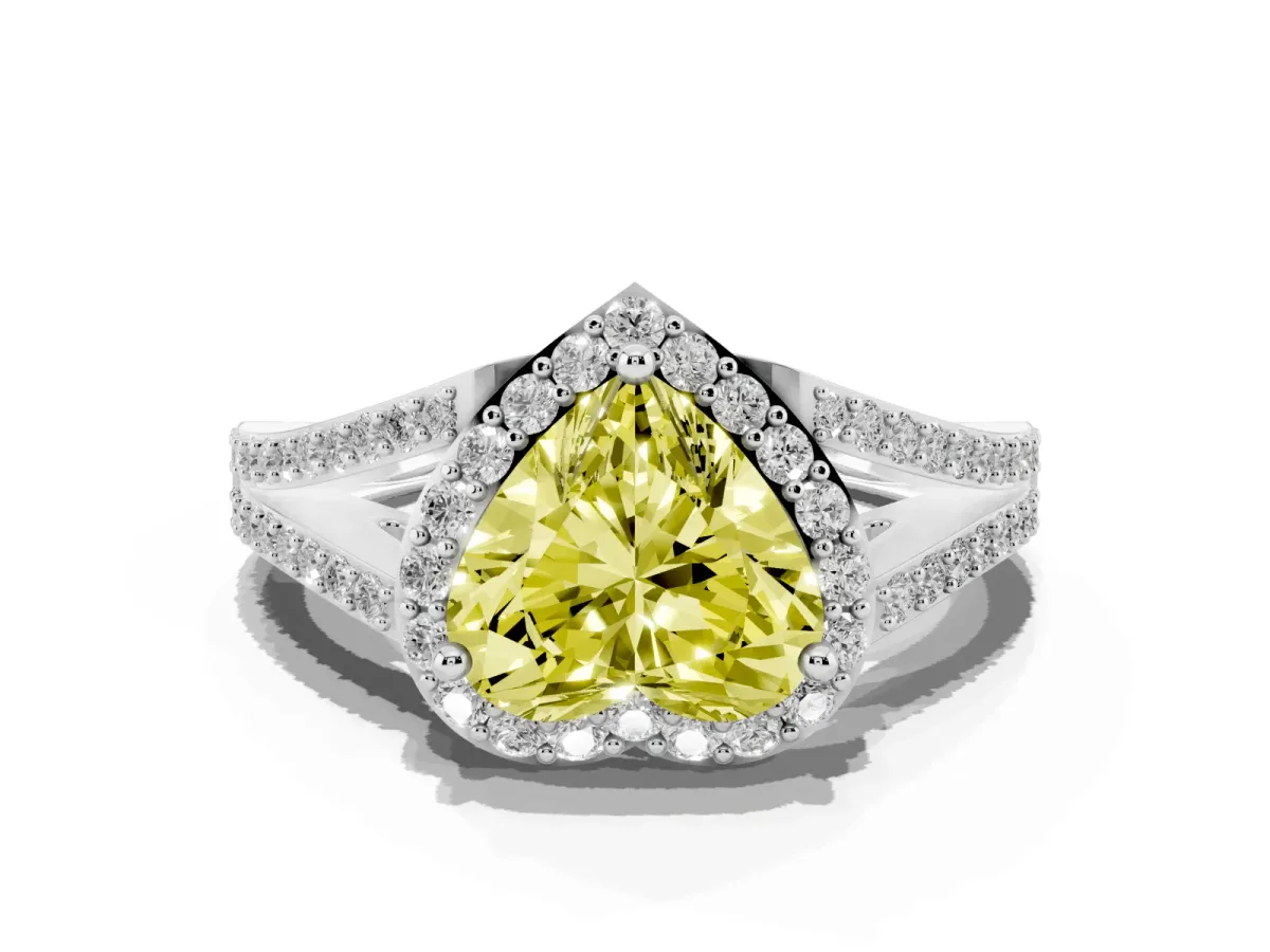 Fancy Yellow Heart Cut Halo Split Shank Pave Diamond Ring with Four-Prong Setting Platinum