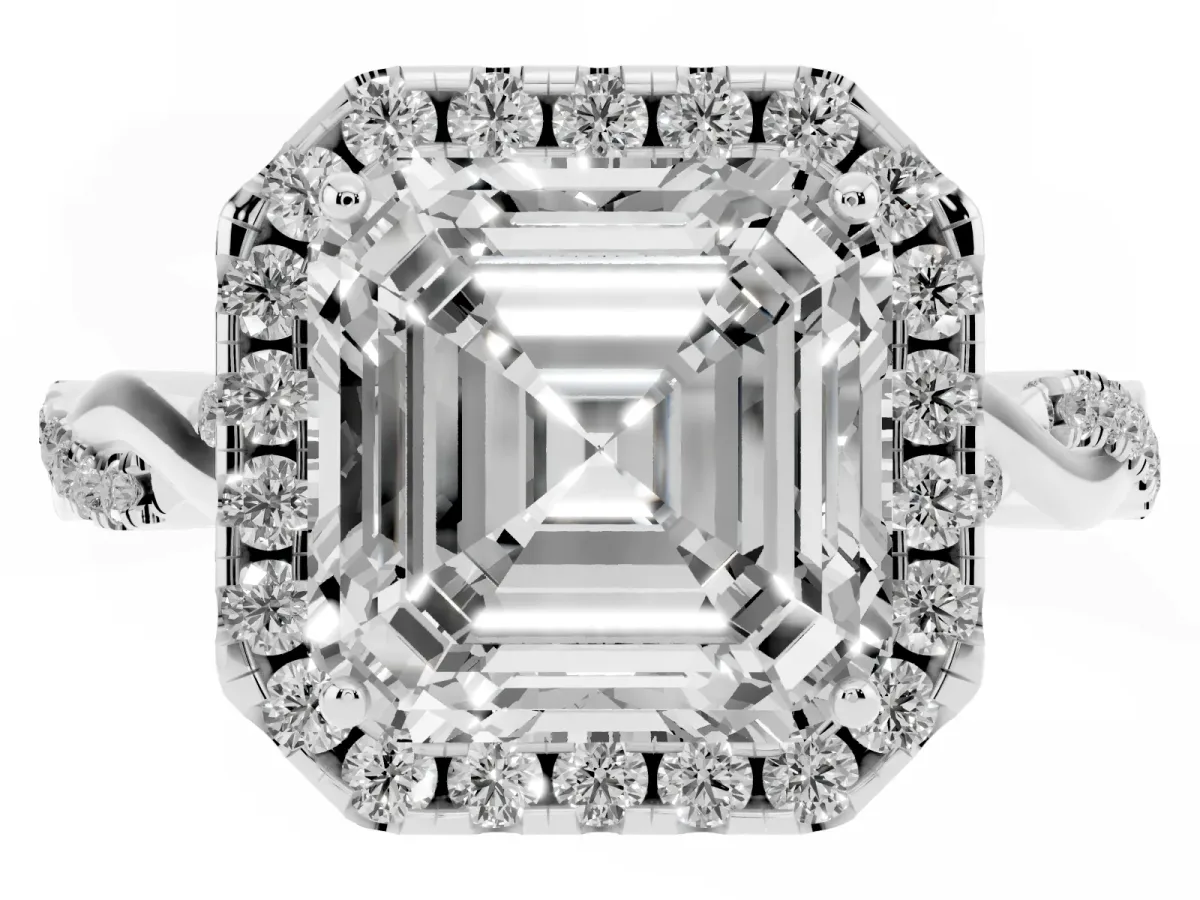 Asscher Cut Halo Twist Band Solitaire Ring Silver