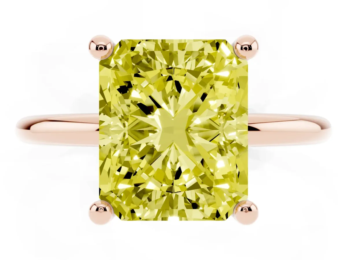 Fancy Yellow Radiant Cut Solitaire Diamond Ring with 4-Prong Setting on a Classic Band Rose gold