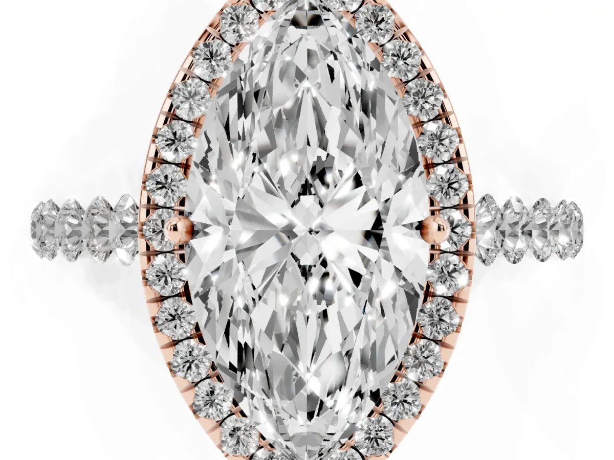 Marquise Cut Halo Pavé Diamond Engagement Ring with Four-Prong Setting Rose gold