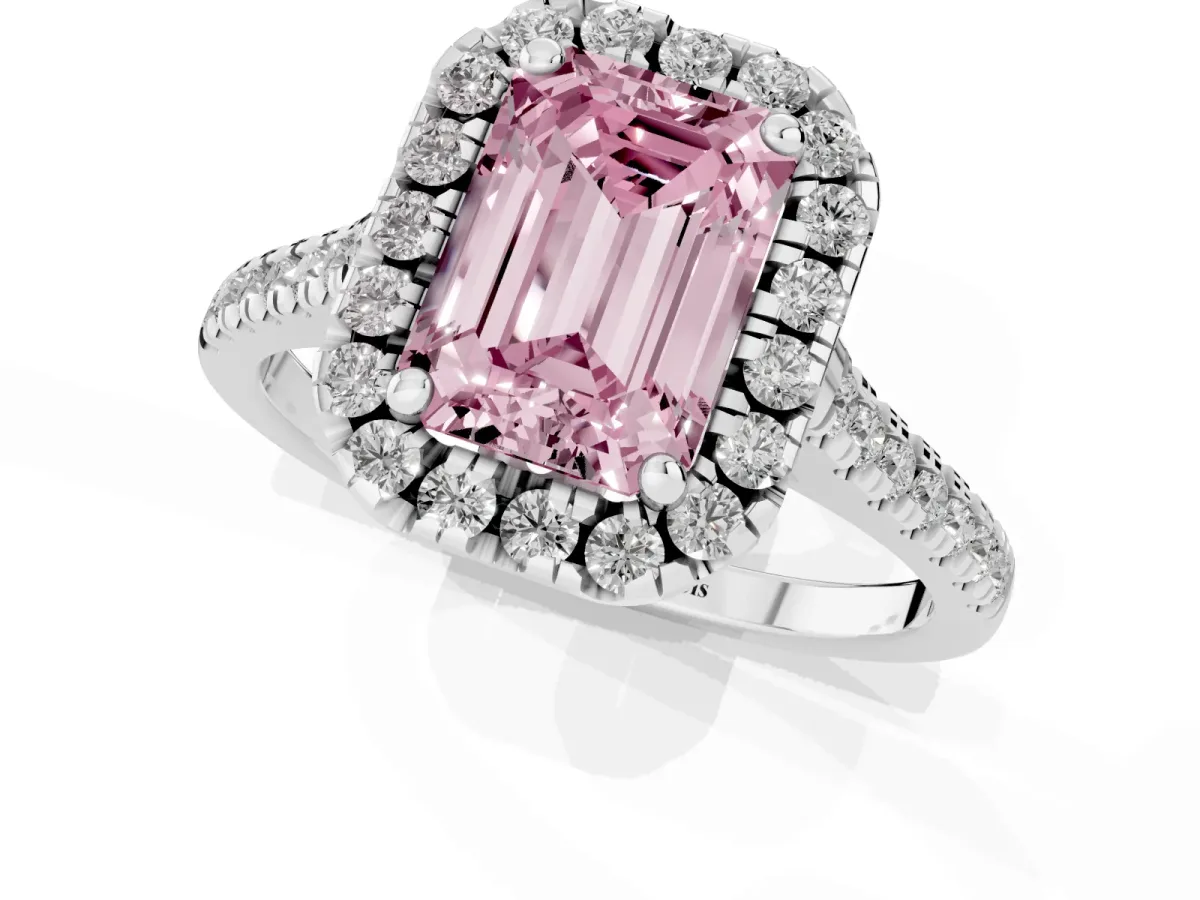 Fancy Pink Emerald Cut Diamond Cushion Halo Ring with Pavé Band Silver