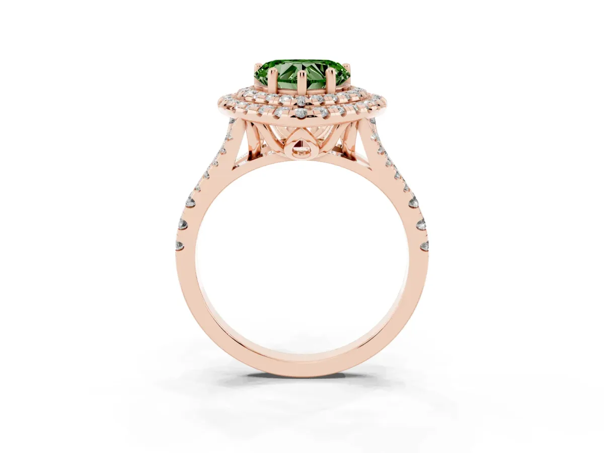 Fancy Green Double Halo Heart Cut Diamond Pavé Split Shank Ring with Prong Setting Rose gold