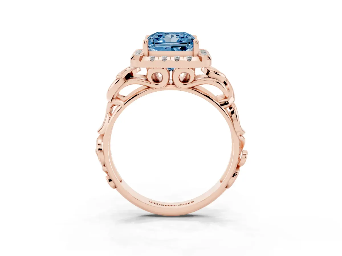 Fancy Blue Princess Cut Cut Halo Diamond Ring with Scrollwork Band and Four-Prong Setting Rose gold