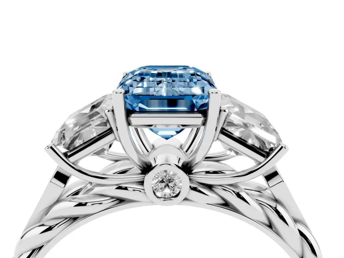 Fancy Blue Three-Stone Emerald Cut Diamond Braided Band Ring with Four-Prong Setting Platinum