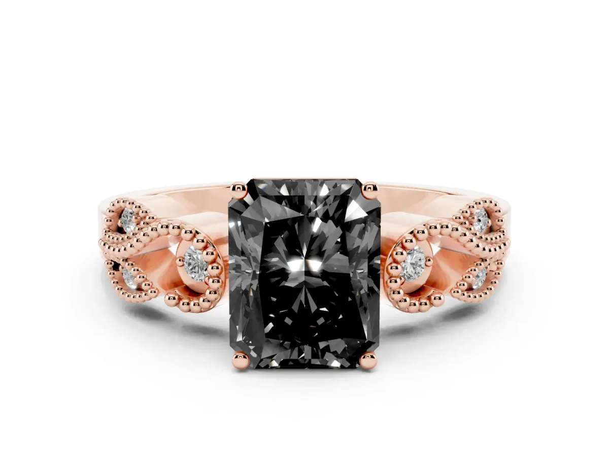 Fancy Black Radiant Cut Solitaire Milgrain Leaf Band with Prong Setting Rose gold