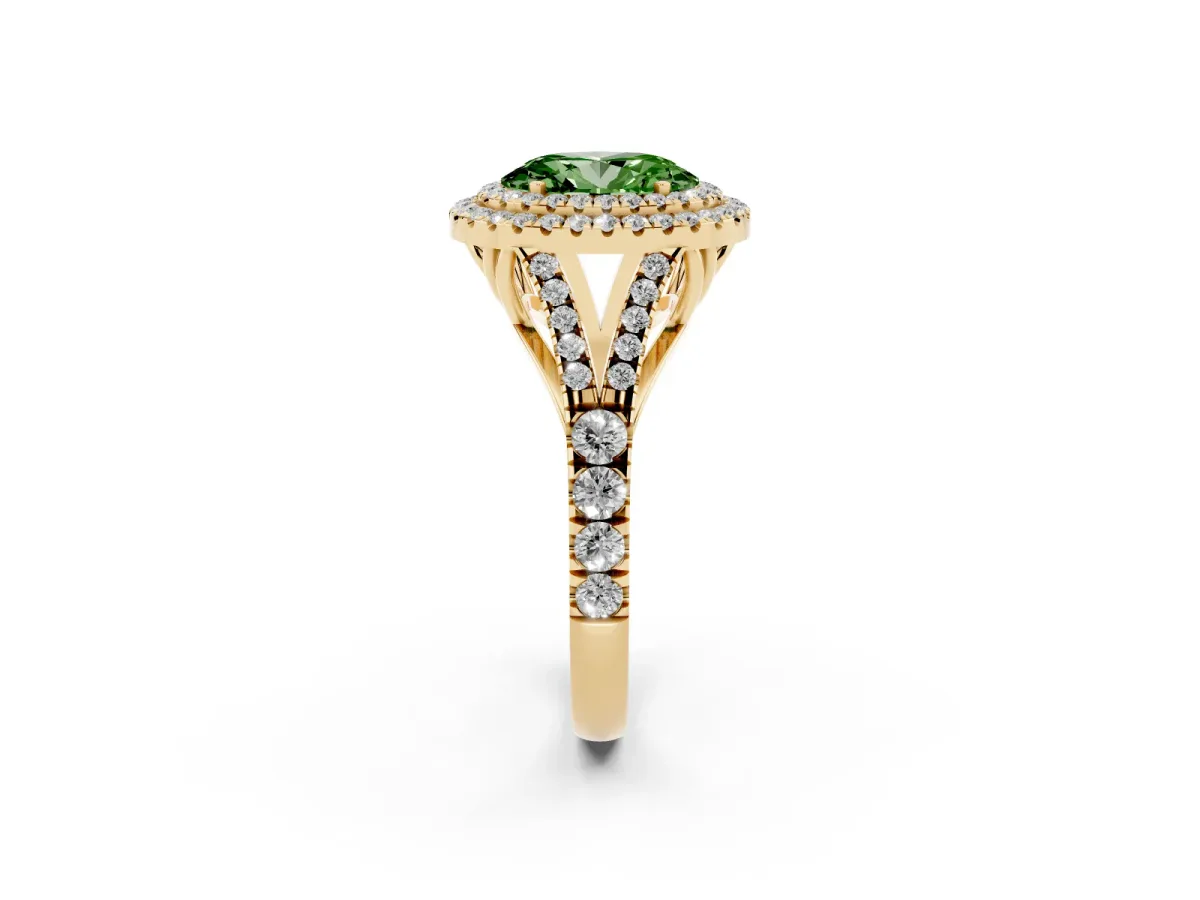 Fancy Green Oval Cut Diamond Pavé Split Shank Double Halo Engagement Ring Yellow gold