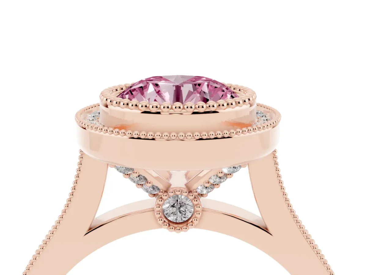 Fancy Pink Round Cut Diamond Halo Ring with Milgrain Frame and Pavé Band Rose gold