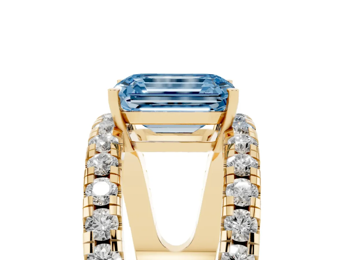 Fancy Blue Emerald Cut Solitaire Split Shank Pave Diamond Ring Yellow gold