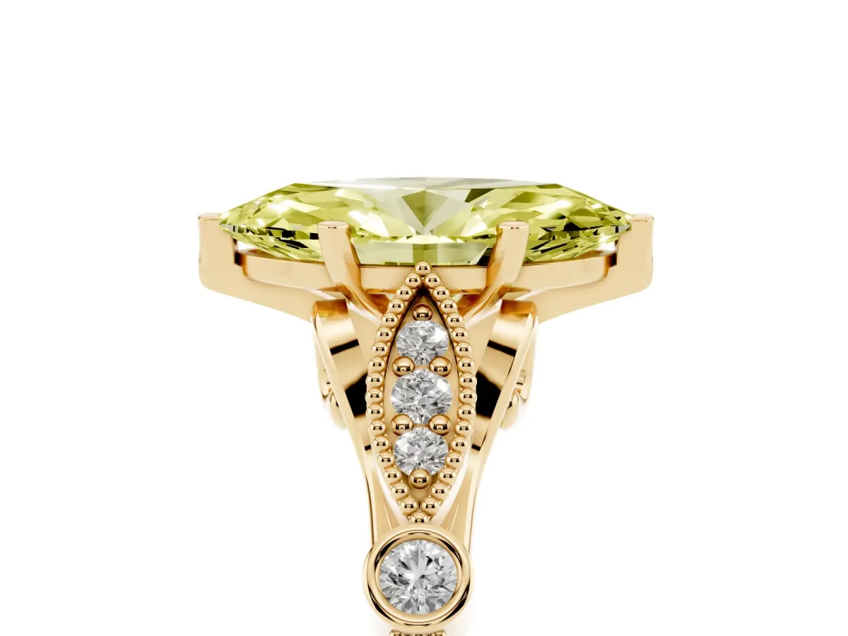 Fancy Yellow Marquise Cut Cut Diamond with Milgrain Marquise and Bezel Accents on a Solitaire Band with Prong Setting Yellow gold