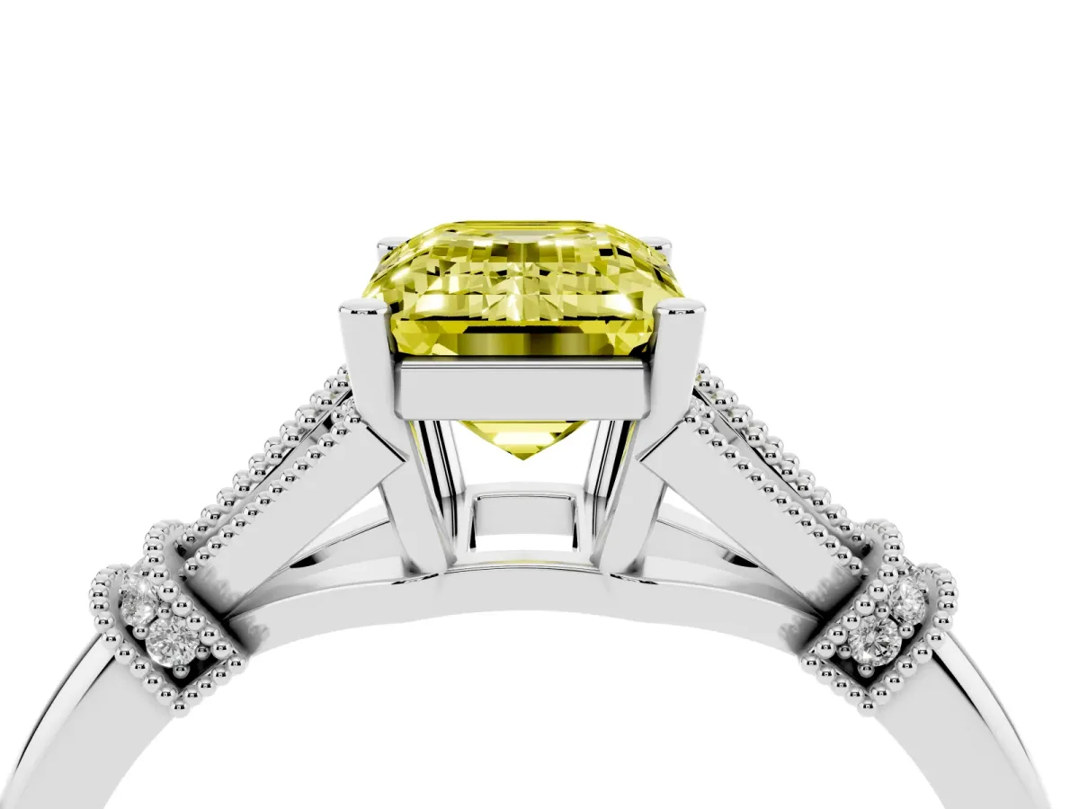 Fancy Yellow Emerald Cut Diamond Solitaire Ring with Floral Filigree and Pave Accents Platinum