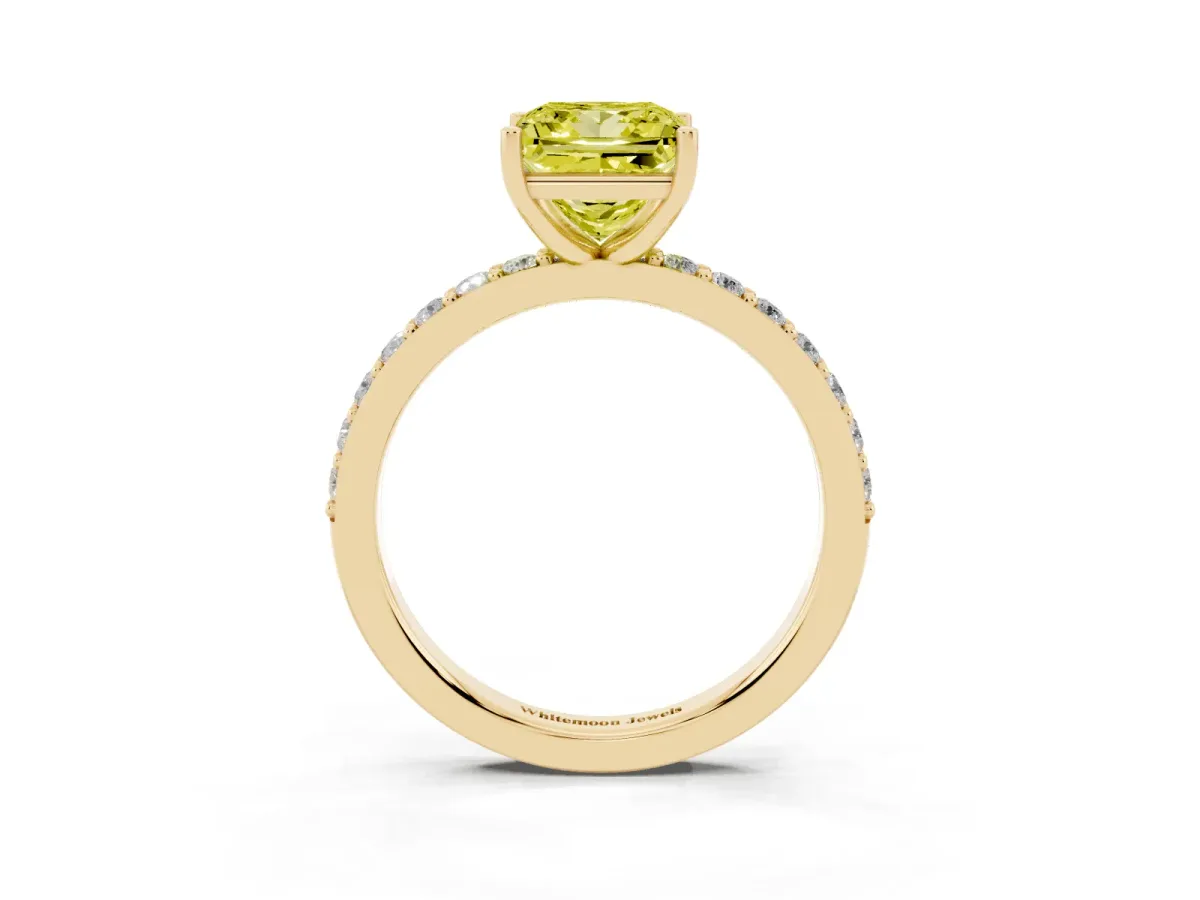 Fancy Yellow Princess Cut Cut Diamond Solitaire with Pave Band and Four-Prong Setting Yellow gold