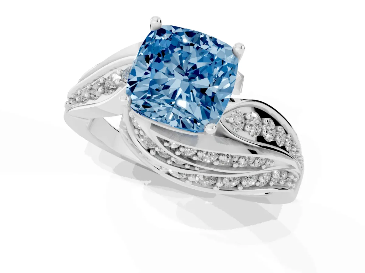 Fancy Blue Cushion Cut Diamond Solitaire Ring with Prong Setting and Twisted Pavé Band Silver