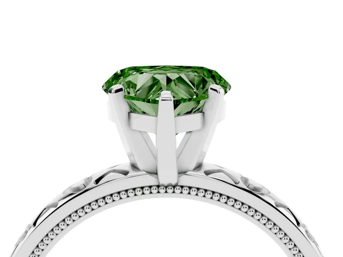 Fancy Green Heart Cut Solitaire Diamond Engagement Ring with XO Engraved Band and Four-Prong Setting Silver