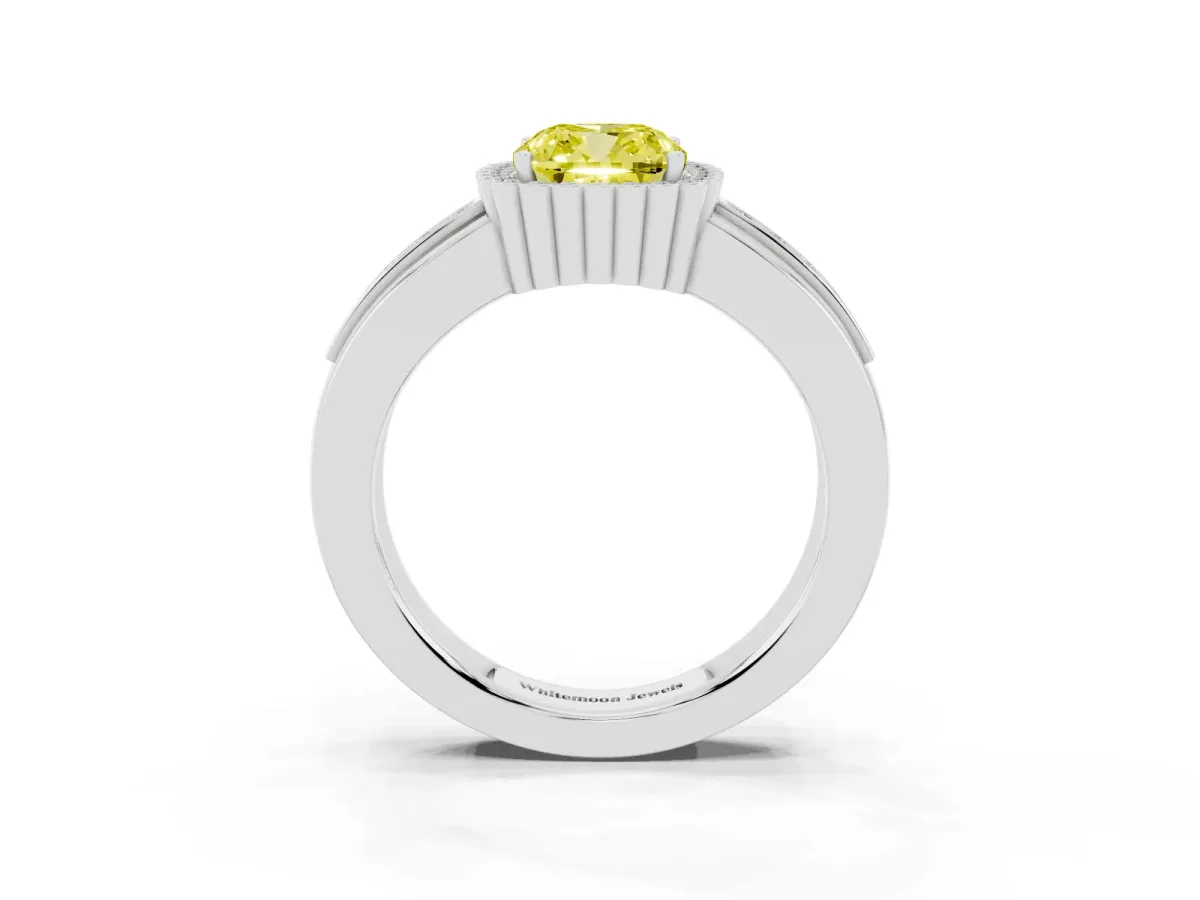 Fancy Yellow Cushion Cut Cut Halo Pave Band Four-Prong Ring White gold