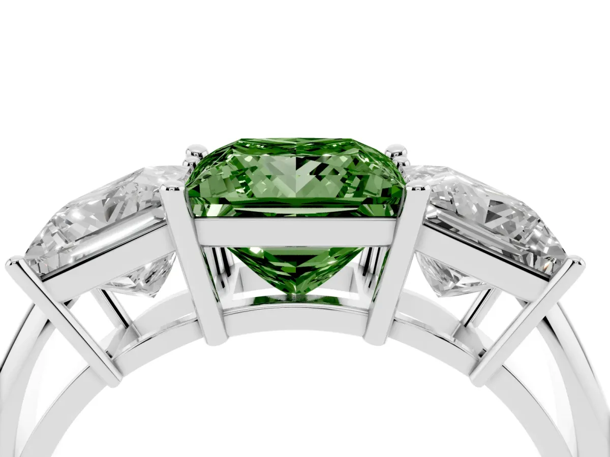 Fancy Green Three-Stone Princess Cut Cut Diamond Engagement Ring with Prong Setting on a White Gold Band White gold