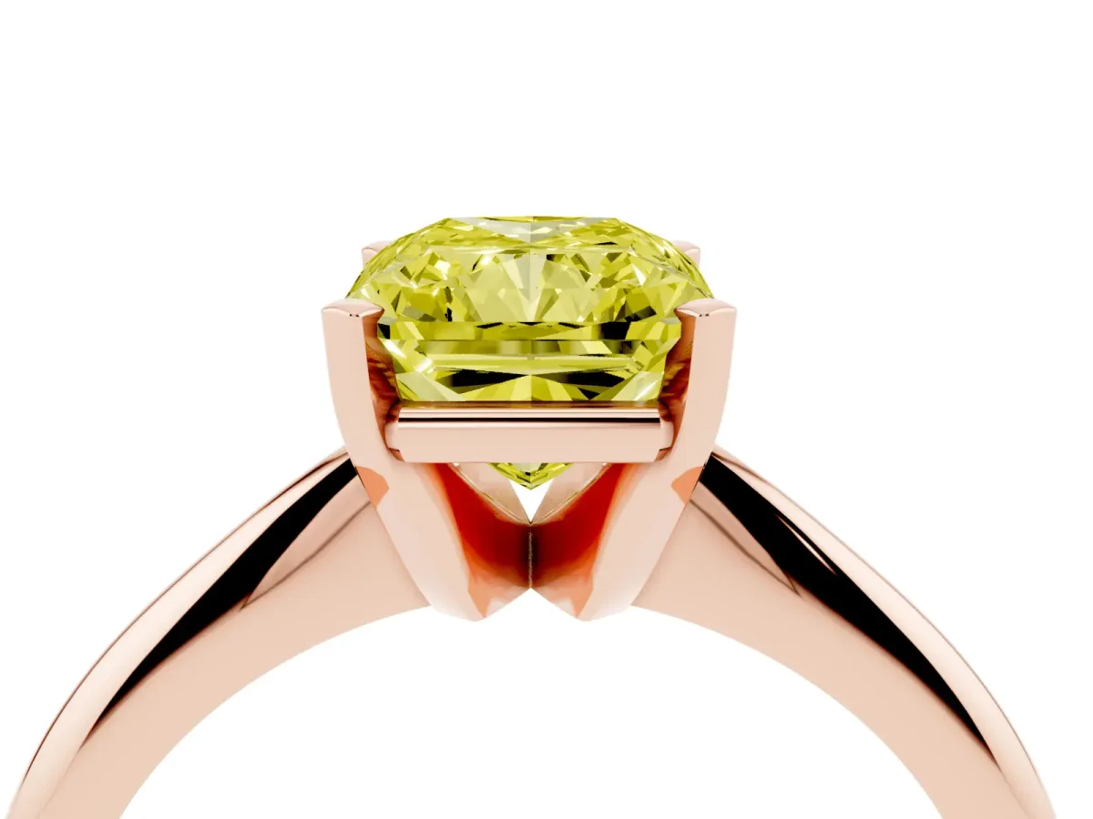 Fancy Yellow Radiant Cut Cut Solitaire Ring with Four-Prong Setting on a Classic Band Rose gold