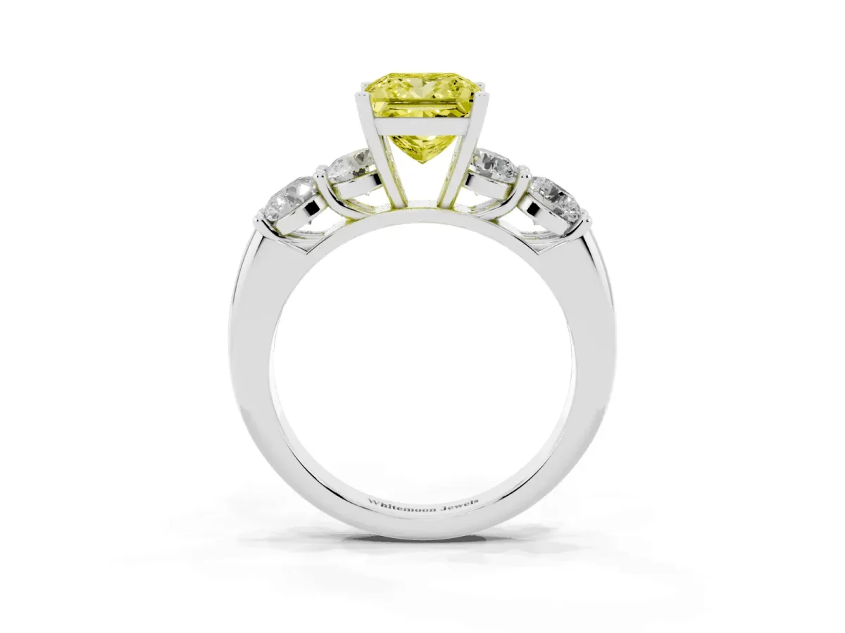 Fancy Yellow Princess Cut Cut Five-Stone Prong Set Diamond Ring with Classic Band Silver