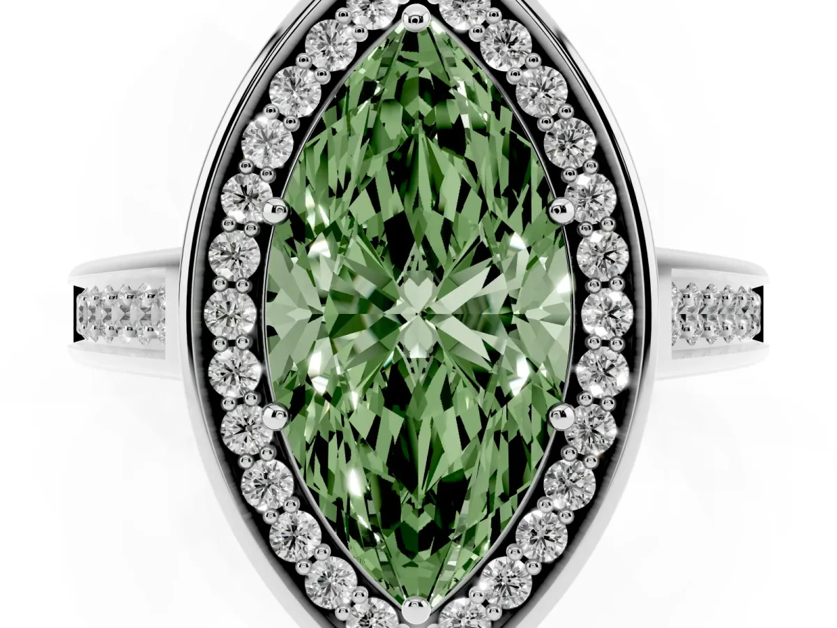 Fancy Green Marquise Cut Halo Solitaire Diamond Ring with Pave Band and Bezel Setting Silver