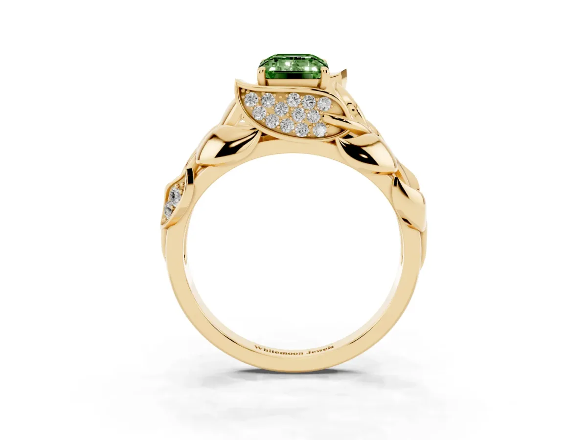 Fancy Green Emerald Cut Diamond Leaf-Inspired Engagement Ring with Round Accents and Prong Setting Yellow gold