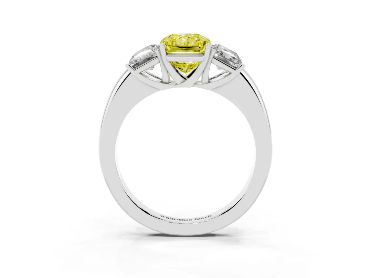 Fancy Yellow Radiant Cut Diamond Three-Stone Ring with Four-Prong Setting and Classic Band Silver