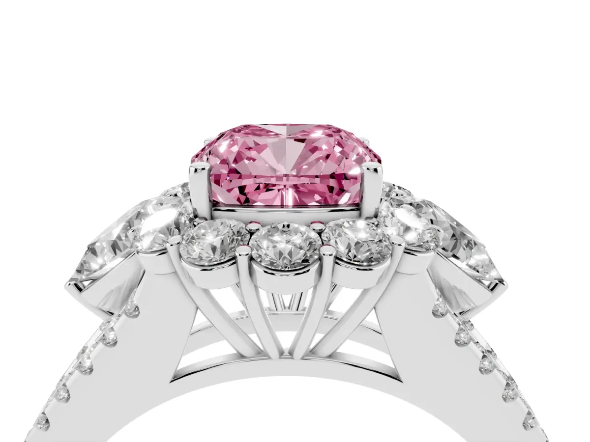 Fancy Pink Cushion Cut Halo Split Shank Diamond Engagement Ring with Prong Setting Platinum