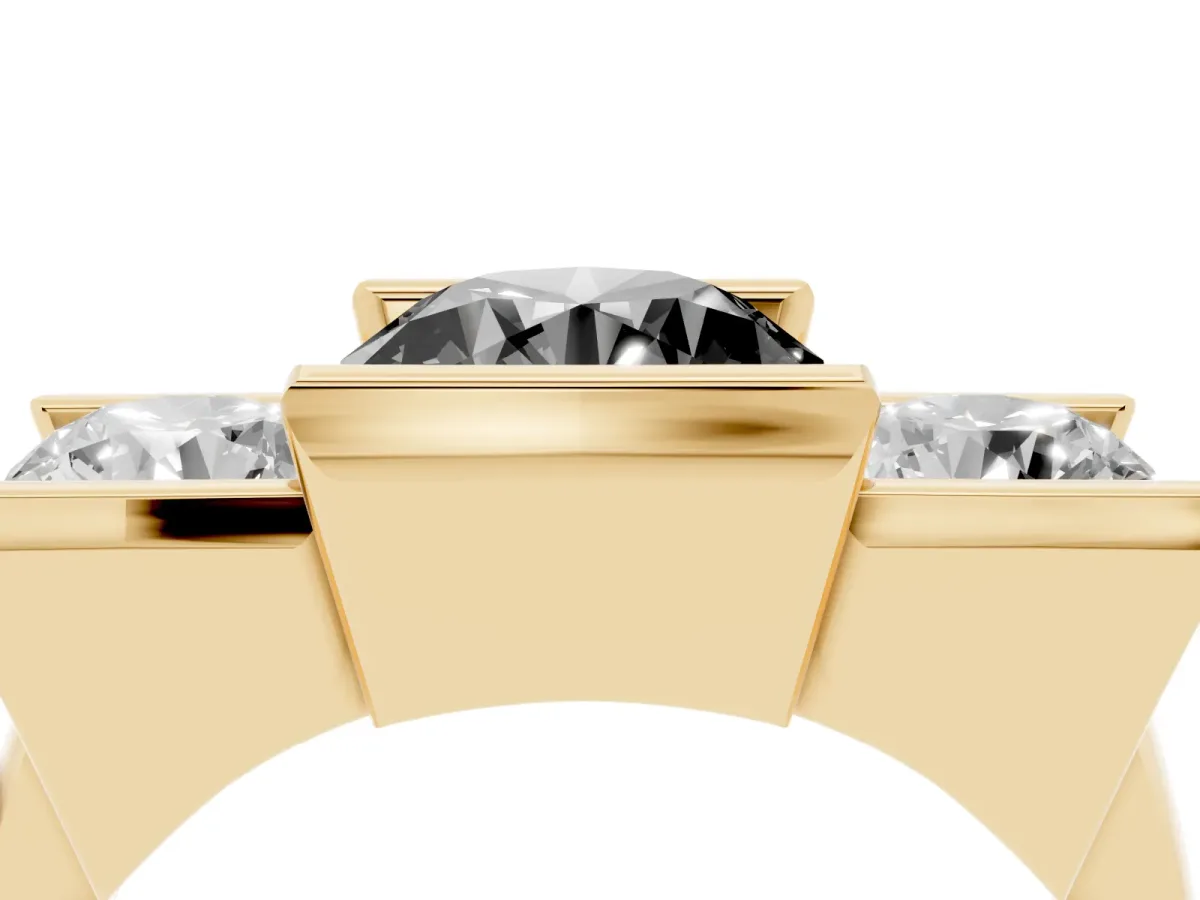Fancy Black Three Stone Round Cut Cut Channel Set Diamond Ring Yellow gold