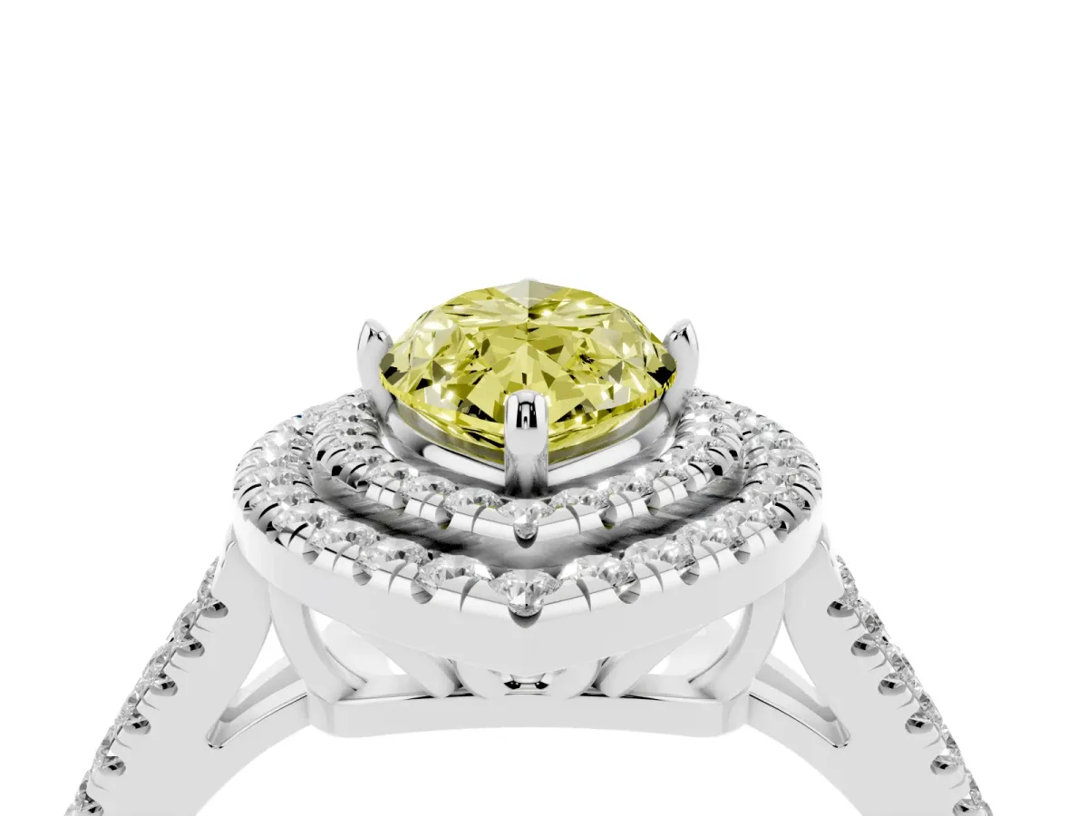 Fancy Yellow Marquise Cut Diamond Double Halo Ring with Pavé Band and Prong Setting Platinum