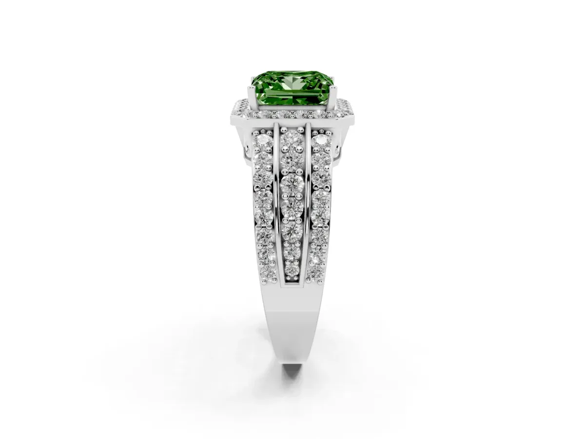 Fancy Green Princess Cut Halo Diamond Ring with Round Split Shank and Prong Setting Silver
