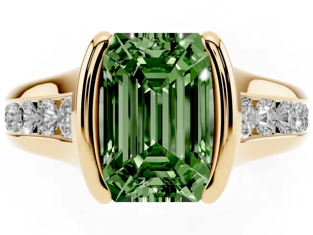 Fancy Green Emerald Cut Solitaire Bezel-Set Diamond Ring with Channel-Set Band Yellow gold