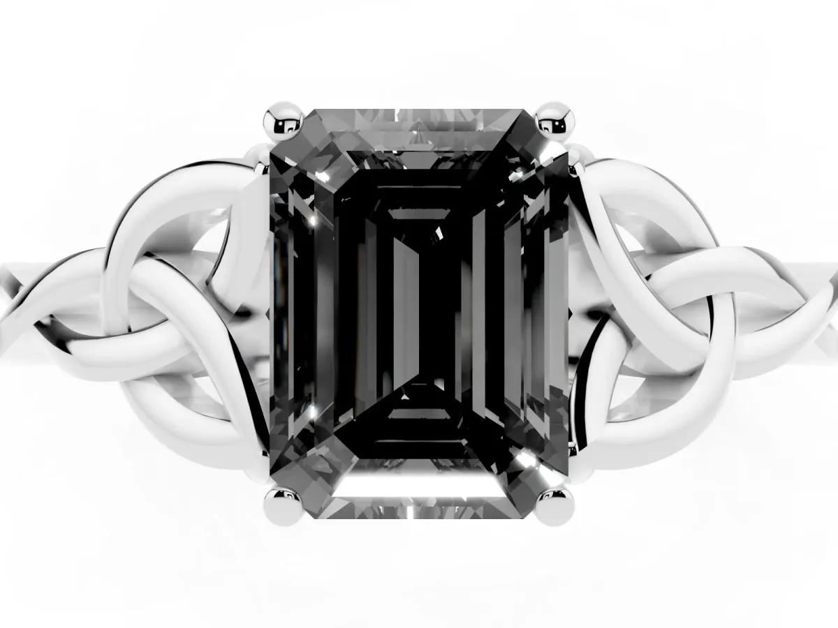 Fancy Black Emerald Cut Diamond Solitaire Engagement Ring with Celtic Knot Band and Four-Prong Setting Silver