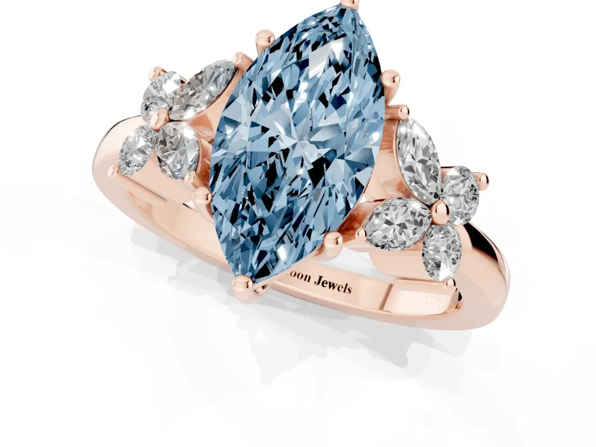 Fancy Blue Marquise Cut Diamond Floral Cluster Ring with Solitaire Band and Prong Setting Rose gold