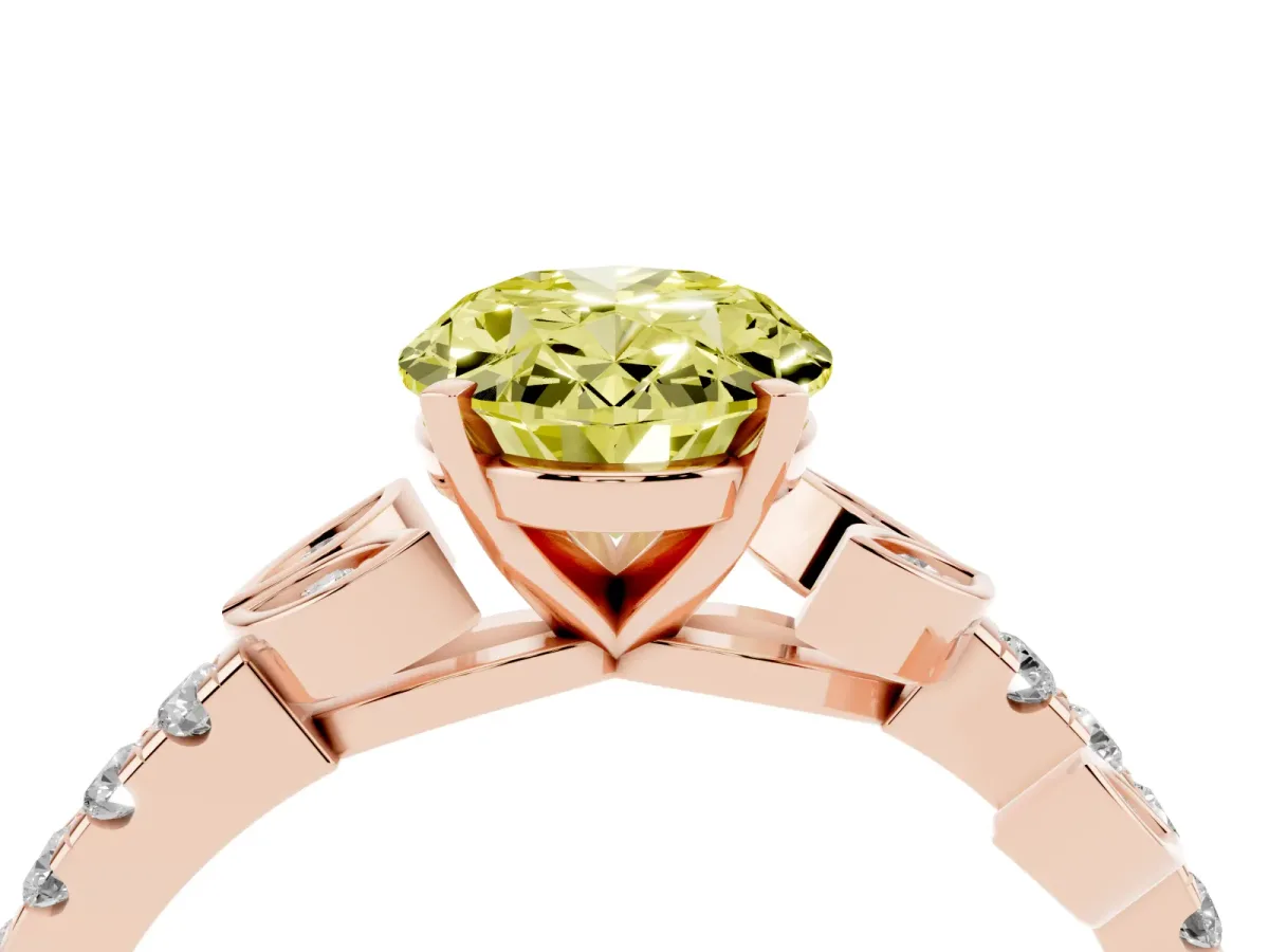 Fancy Yellow Oval Cut Solitaire Leaf-Inspired Diamond Ring with Pavé Band and Four-Prong Setting Rose gold