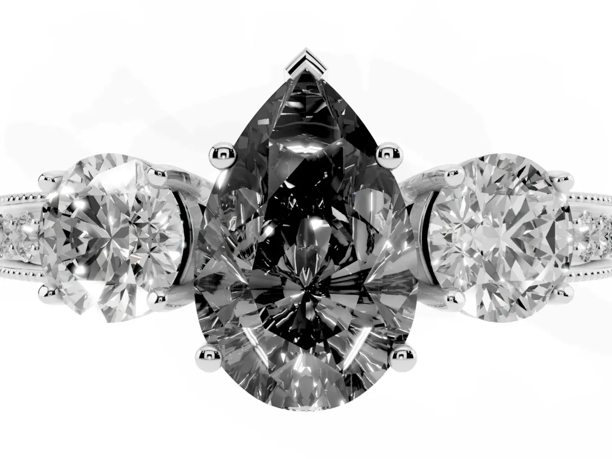 Fancy Black Pear Cut Three-Stone Diamond Ring with Pavé Band and Four-Prong Setting Platinum