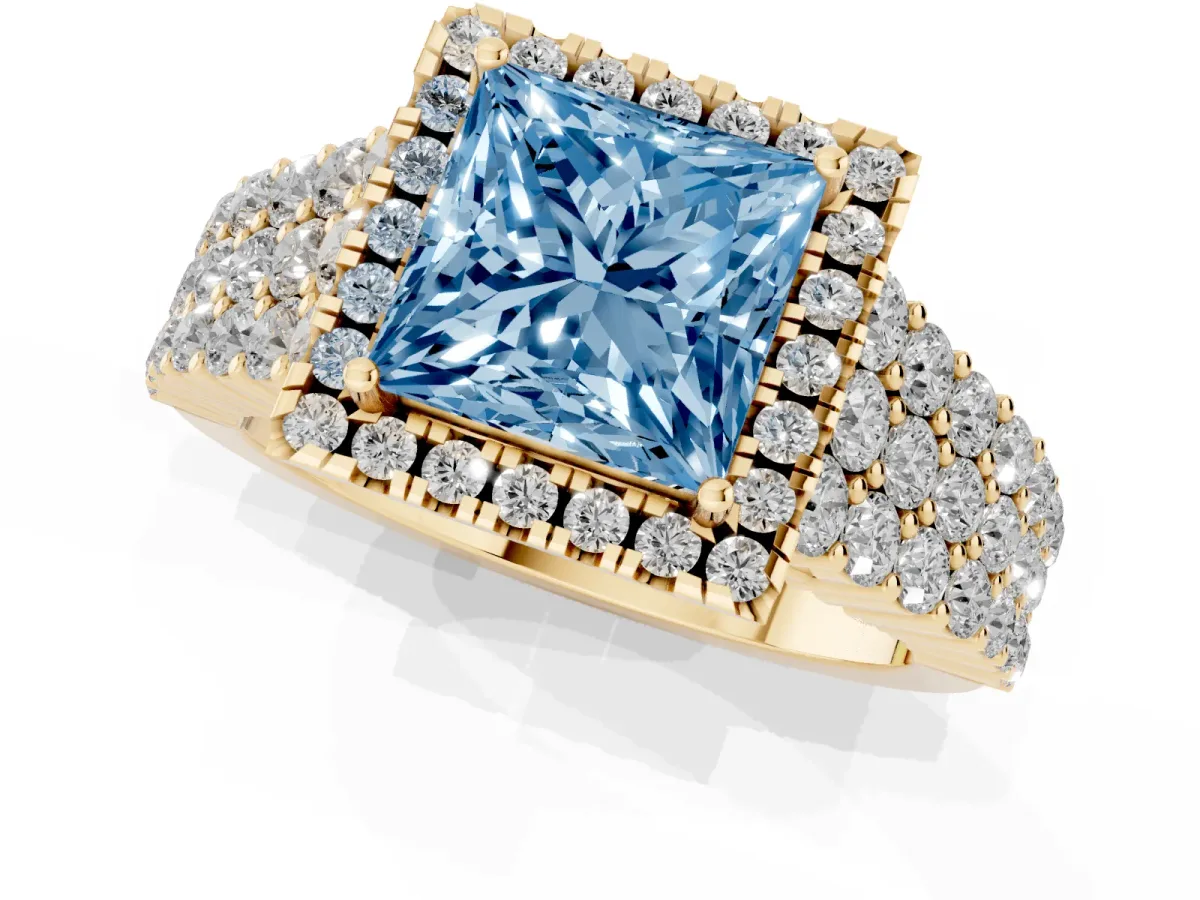 Fancy Blue Princess Cut Diamond Halo Engagement Ring with Triple Row Round Pavé Band and Prong Setting Yellow gold