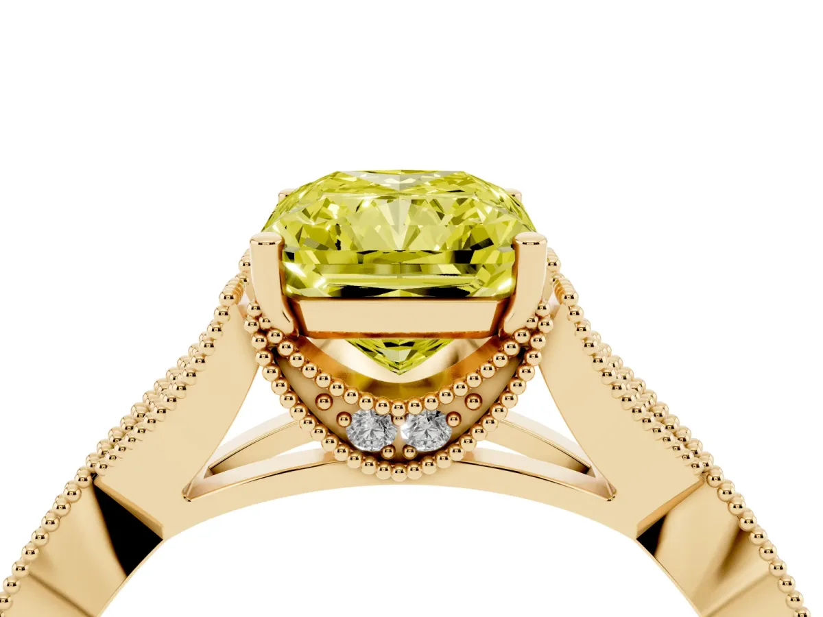 Fancy Yellow Radiant Cut Cut Diamond Twisted Band with Milgrain Pave Setting and Four-Prong Setting Yellow gold