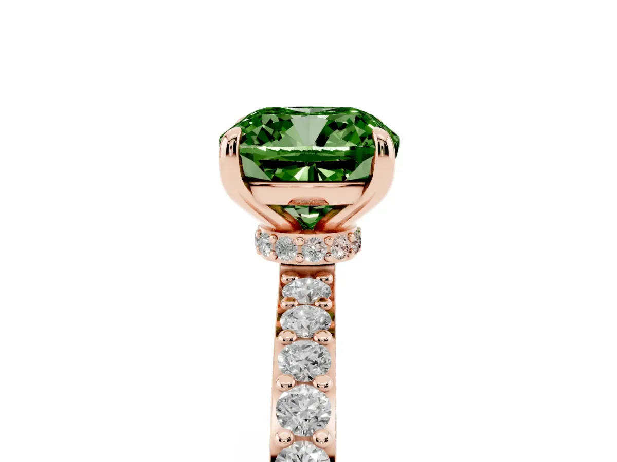 Fancy Green Cushion Cut Diamond Pavé Engagement Ring with Round Accents and Prong Setting Rose gold
