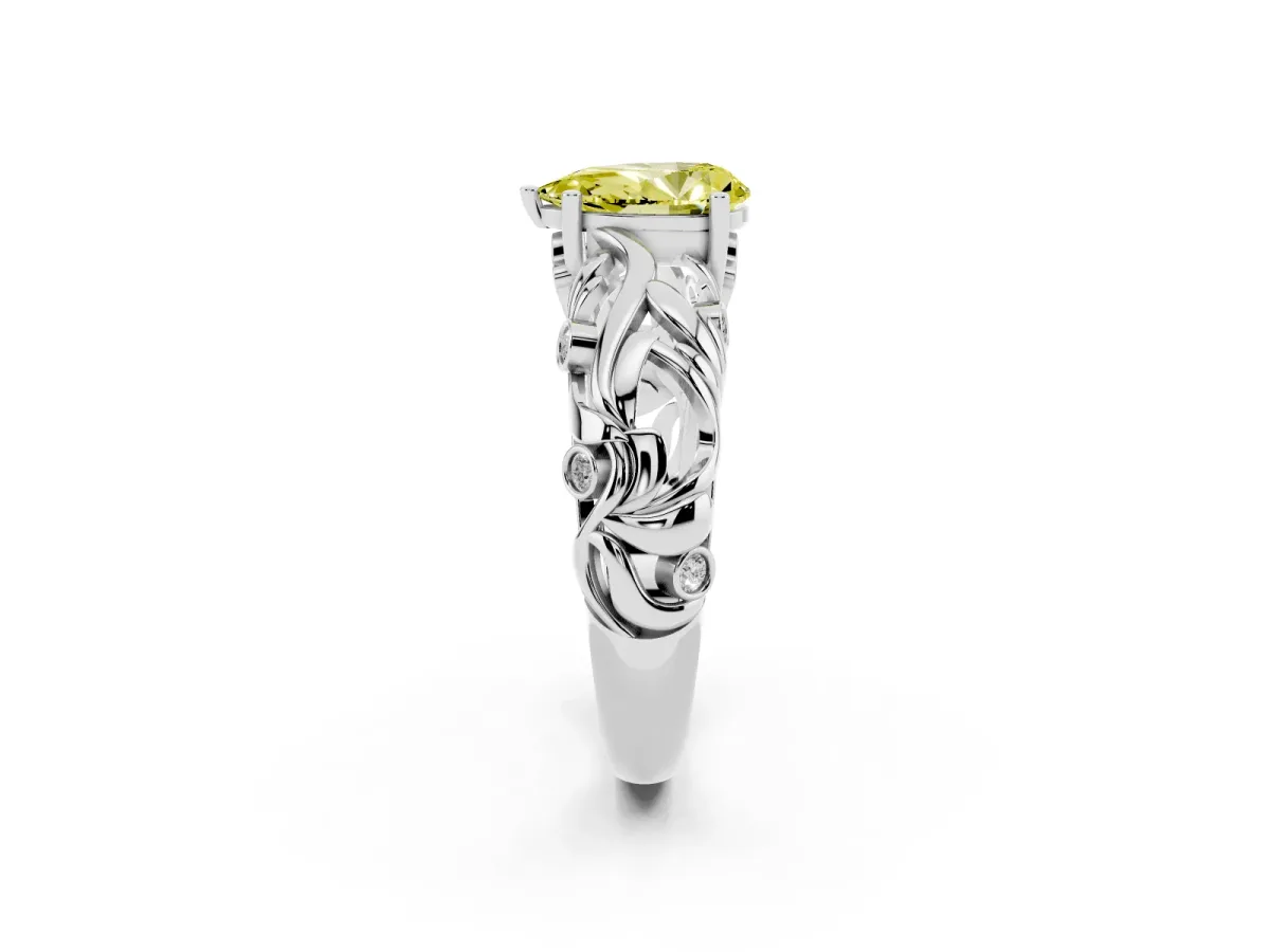Fancy Yellow Pear Cut Solitaire Diamond Leaf-Inspired Vine Band Ring with Prong Setting Silver