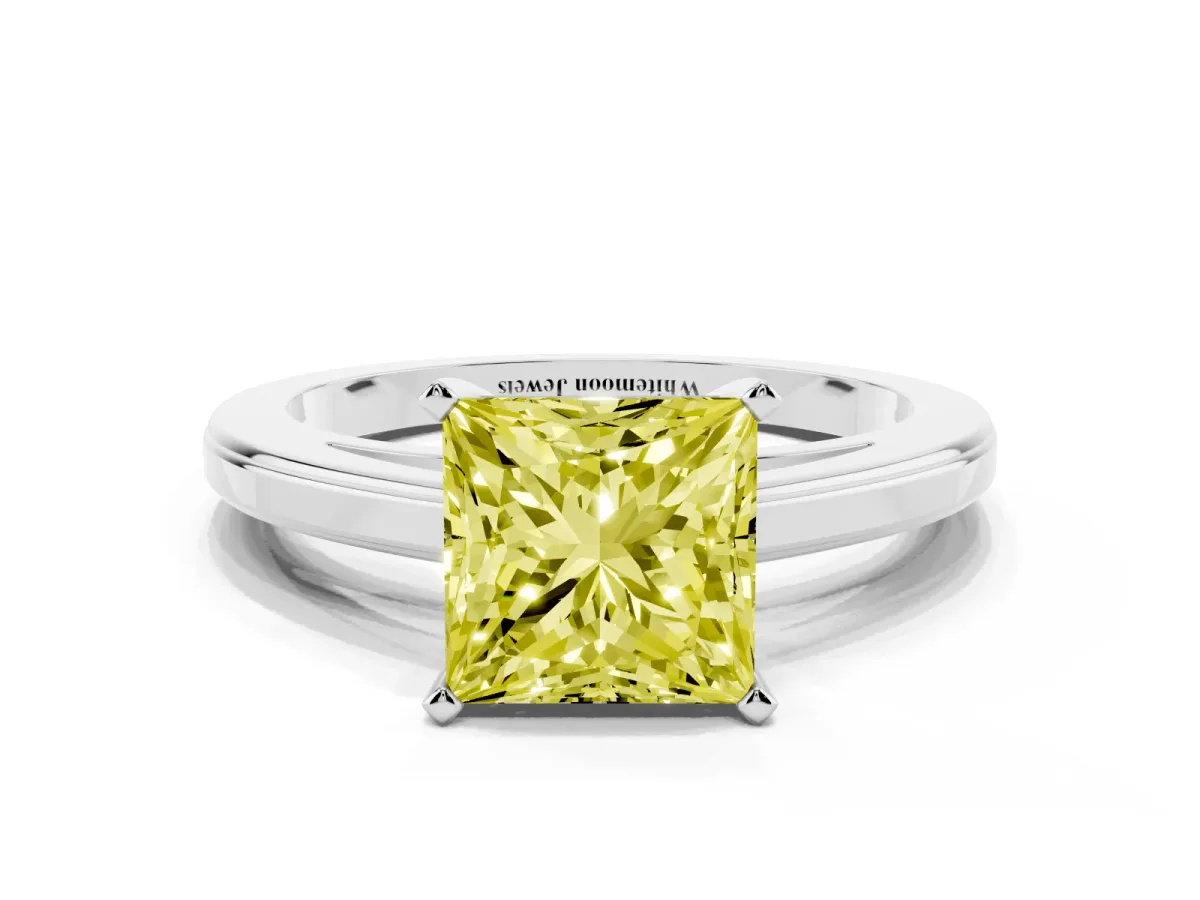 Fancy Yellow Princess Cut Solitaire Diamond Ring with Four-Prong Setting and Classic Band Silver