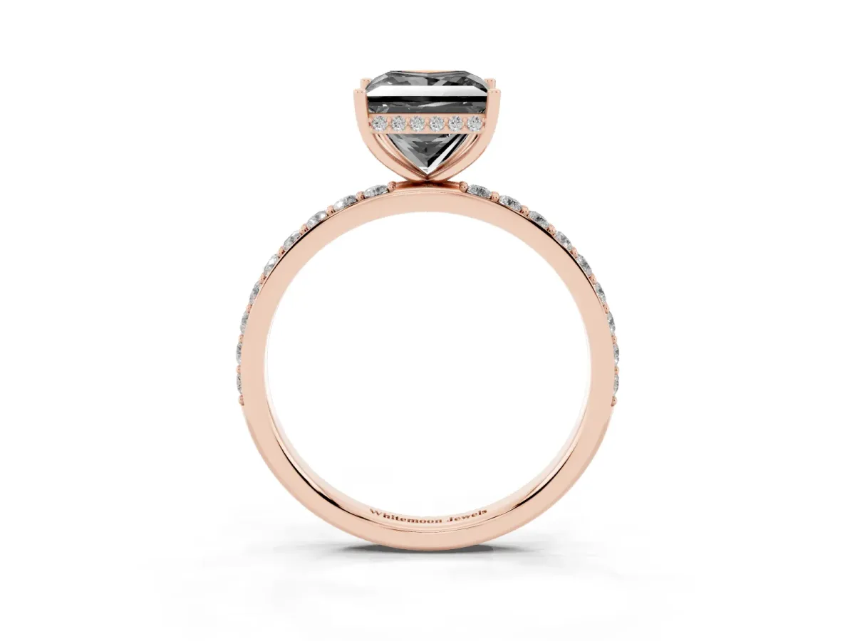 Fancy Black Princess Cut Diamond Solitaire Ring with Pavé Band and Hidden Halo Rose gold