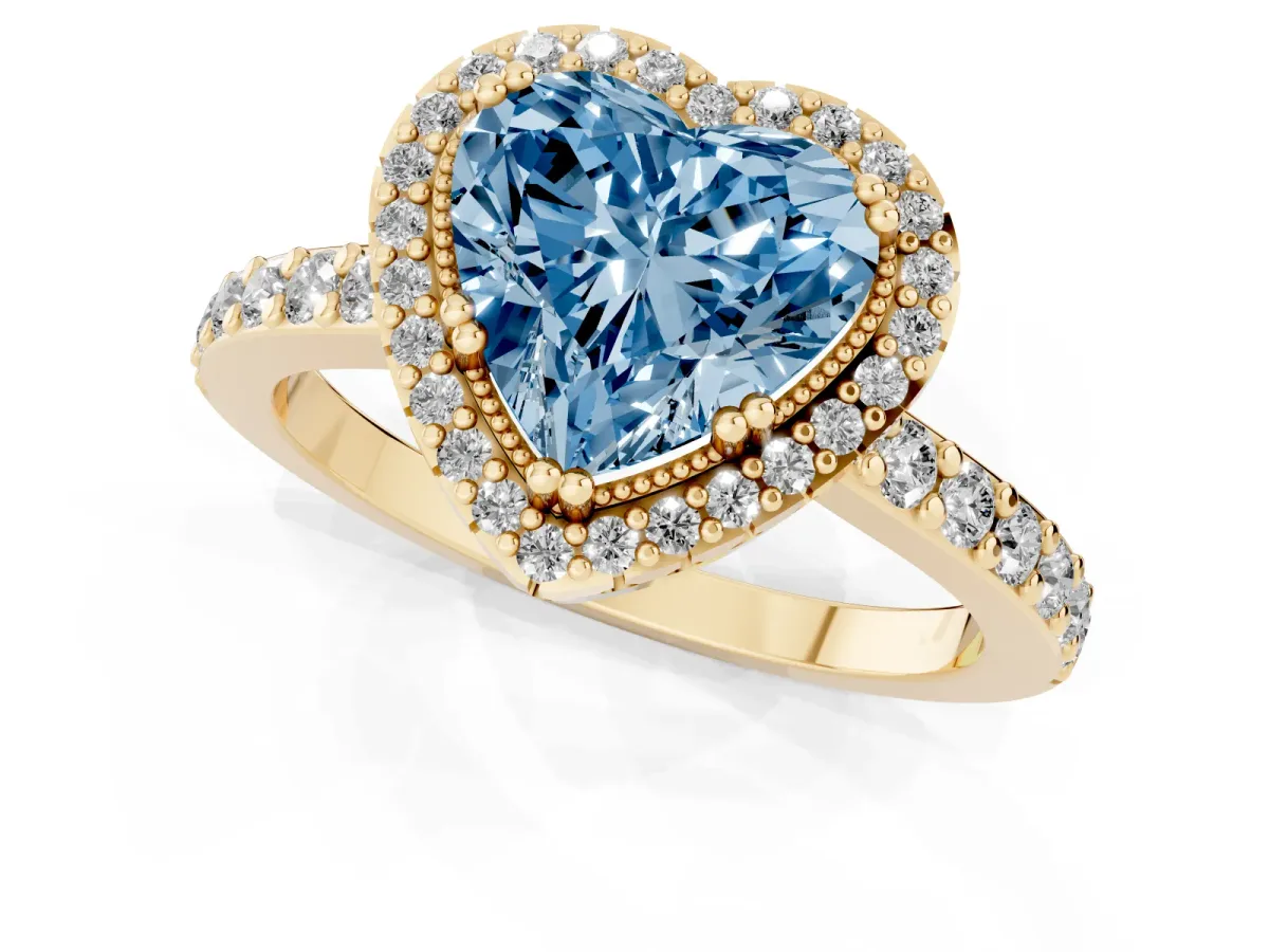 Fancy Blue Heart Cut Cut Diamond Halo Engagement Ring with Milgrain Detail and Pavé Band Yellow gold