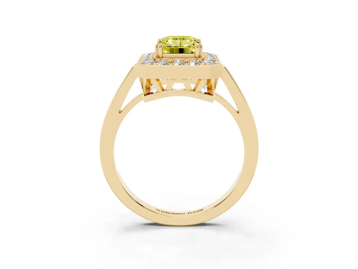 Fancy Yellow Emerald Cut Diamond Halo Ring with Split Shank and Four-Prong Setting Yellow gold