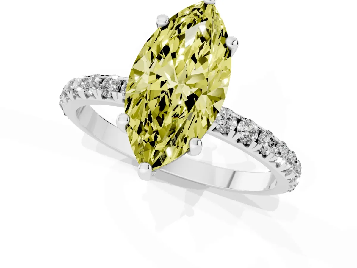 Fancy Yellow Marquise Cut Cut Diamond Solitaire Ring with Micro Pave Band and Four Prong Setting Silver