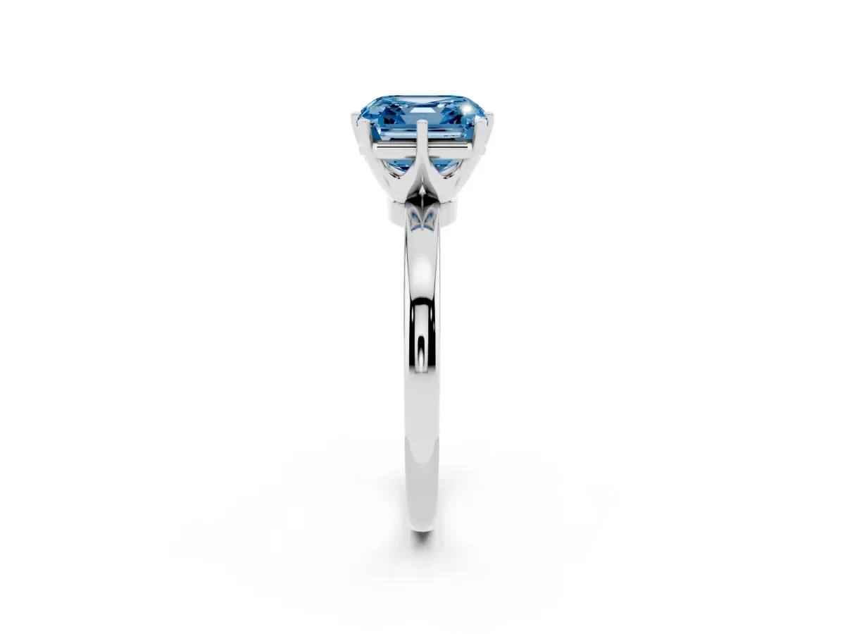 Fancy Blue Asscher Cut Solitaire Diamond Ring with Six-Prong Setting on a Classic Band Silver