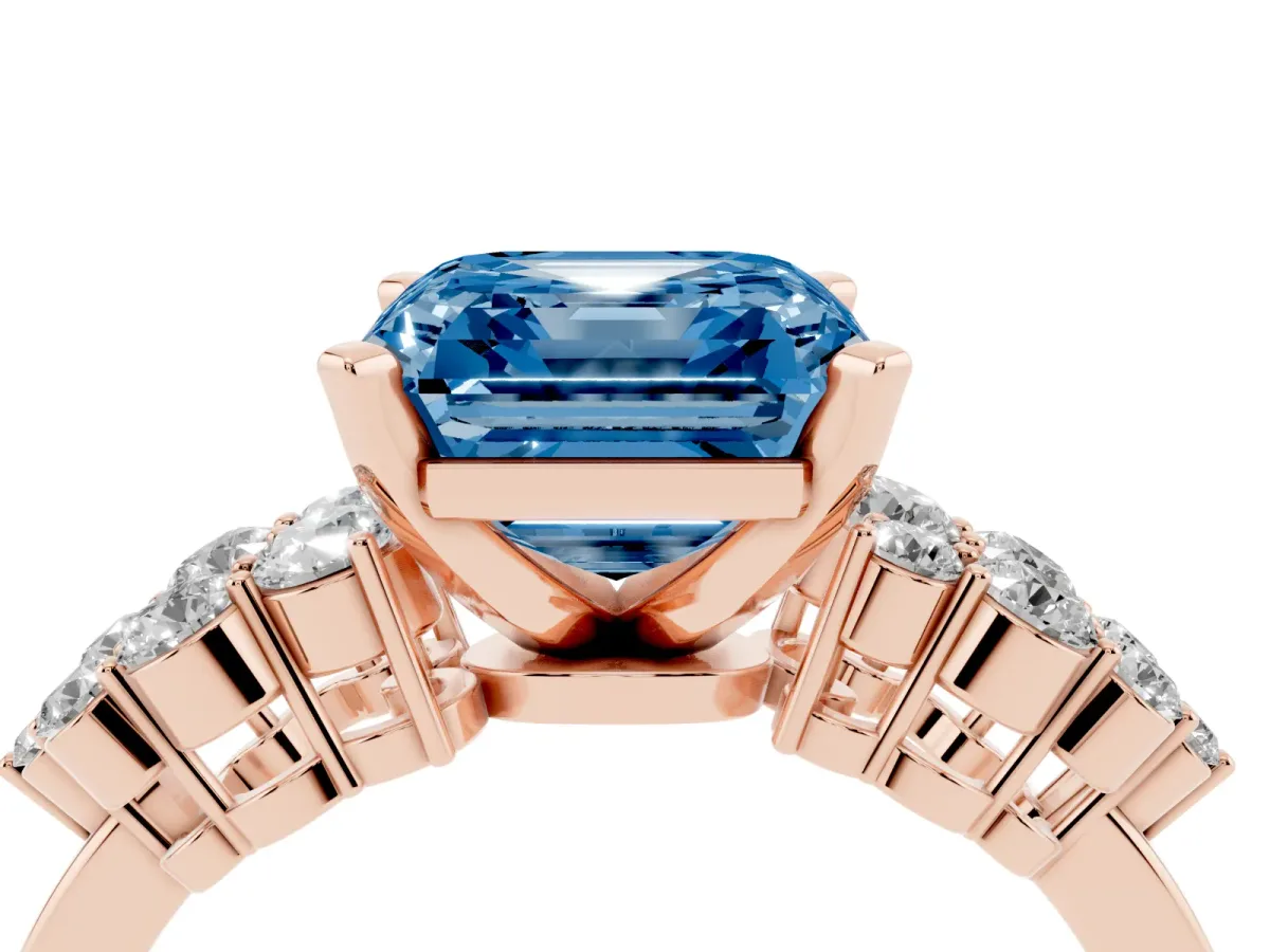 Fancy Blue Asscher Cut Cluster Diamond Engagement Ring with Pavé Band and Four-Prong Setting Rose gold