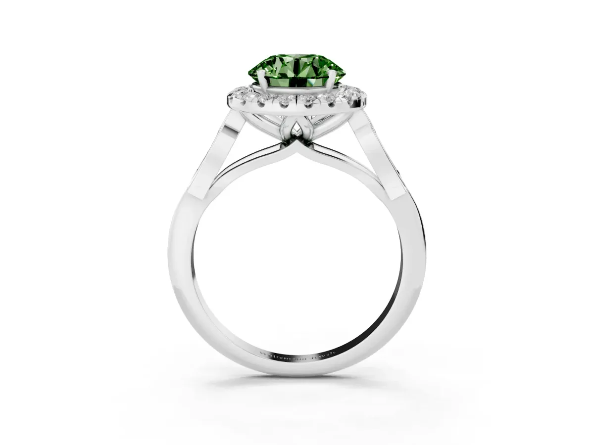 Fancy Green Round Cut Halo Diamond Engagement Ring with Filigree Band and Four-Prong Setting Platinum